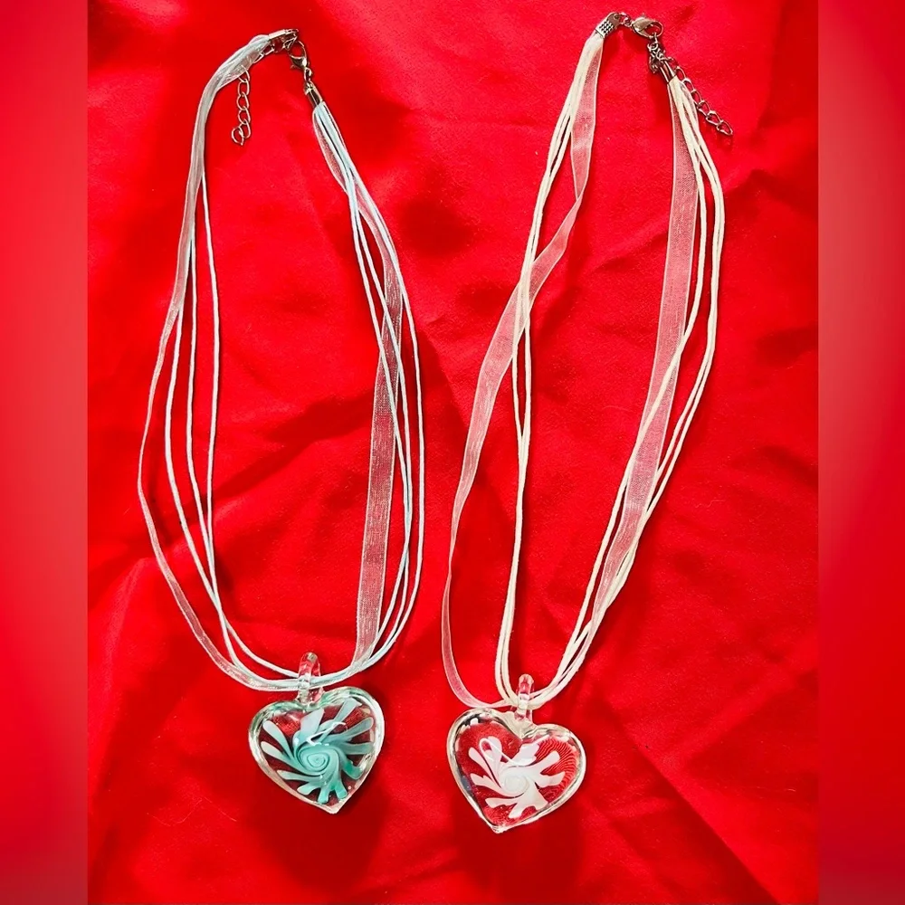 Lot of 2 Vintage Murano Glass Heart Pendant Necklaces 90s style